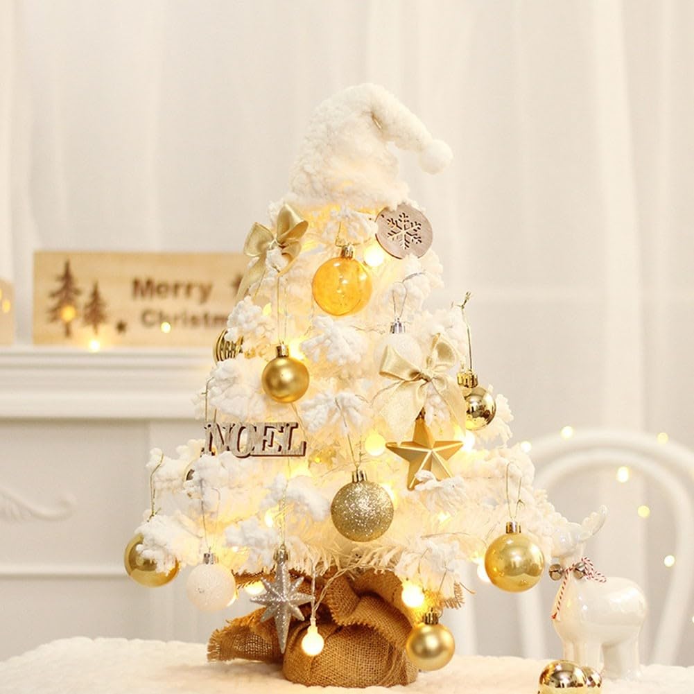 Mini albero di Natale da tavolo con LED bianco e neve, decorazione per la casa