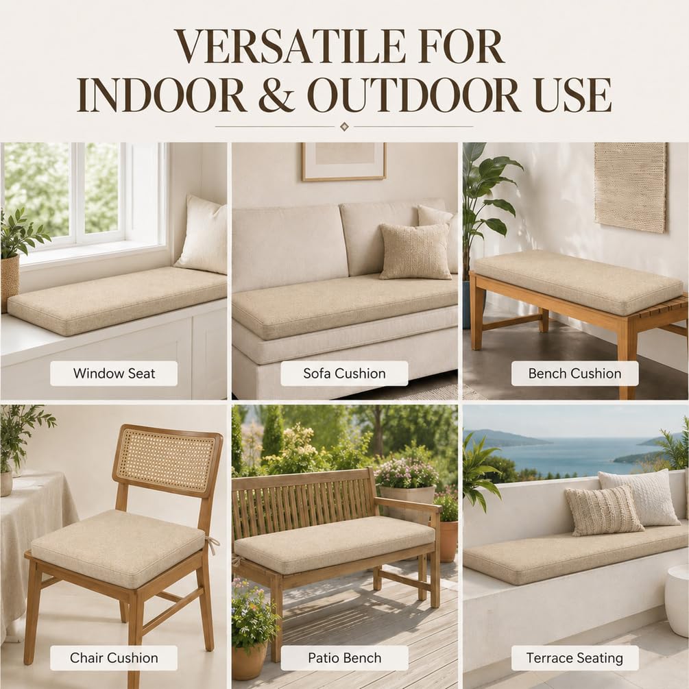 AEHO Cuscino per Panca in Lino, Schiuma 5cm Cuscino Lungo per Veranda, Pratico Cuscino Mobili Interni E Copri Seduta Divano per Soggiorno Elegante,Beige,80x40x5cm