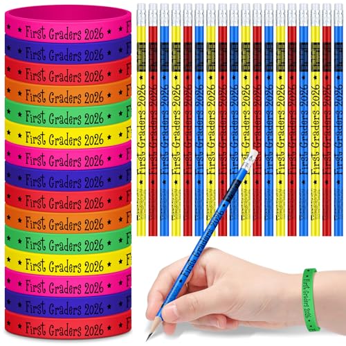 Tenceur 48 Pcs Back to School Gifts Bulk 1st Grade 2026 Pencils and Bracelets First Day of School Gifts for Students from Teacher 1st Grade Classroom Party Favor Teacher Reward Prize Supplies