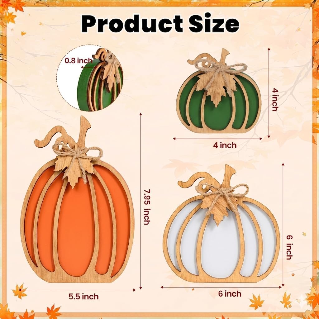 OLANRUN Fall Decorations for Home, 3-Piece Farmhouse Wooden Pumpkin Fall Decor, Handmade Crafts, Autumn Thanksgiving Decorations for Table, Tiered Tray, Mantel, Shelf, Office (4-8 Inch)