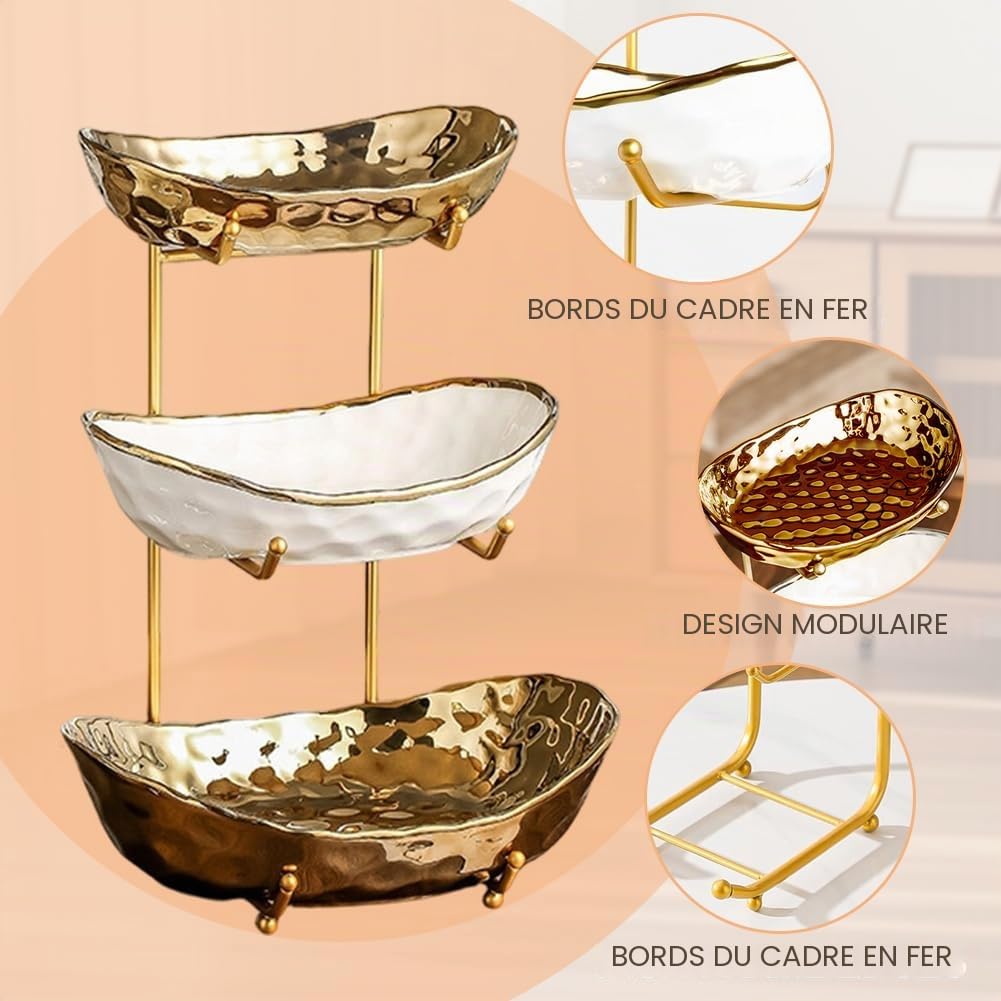 Corbeille à fruits, à 3 couches, en céramique, avec structure en métal, présentoir élégant pour servir des fruits, des légumes et des collations, bol décoratif pour cuisine et salon (trois couches de