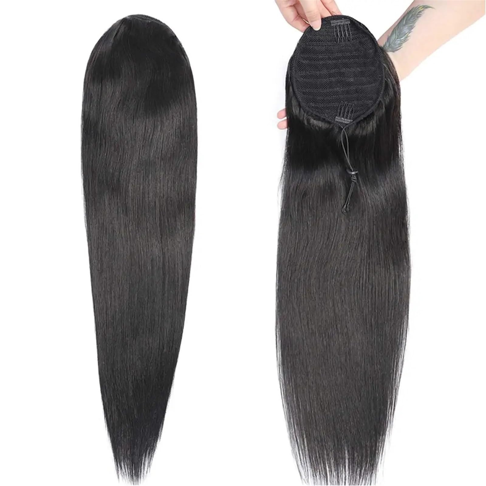 Postiche Extension queue de cheval en cheveux humains brésiliens longs et lisses, 100% Remy Hair, avec cordon serrage, #1B Naturel(22inches)
