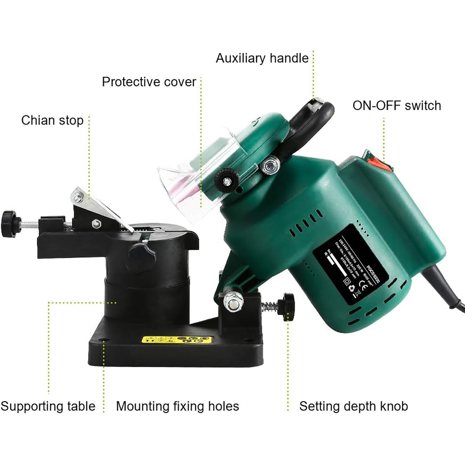 ERICAT Afiladora Eléctrica para Cadenas De Sierra, Afiladora Universal para Motosierras De 220 W, Ajuste De Ángulo De 0-35° Y Velocidad Nominal De 7500 RPM, para El Afilado De Diversas Cadenas