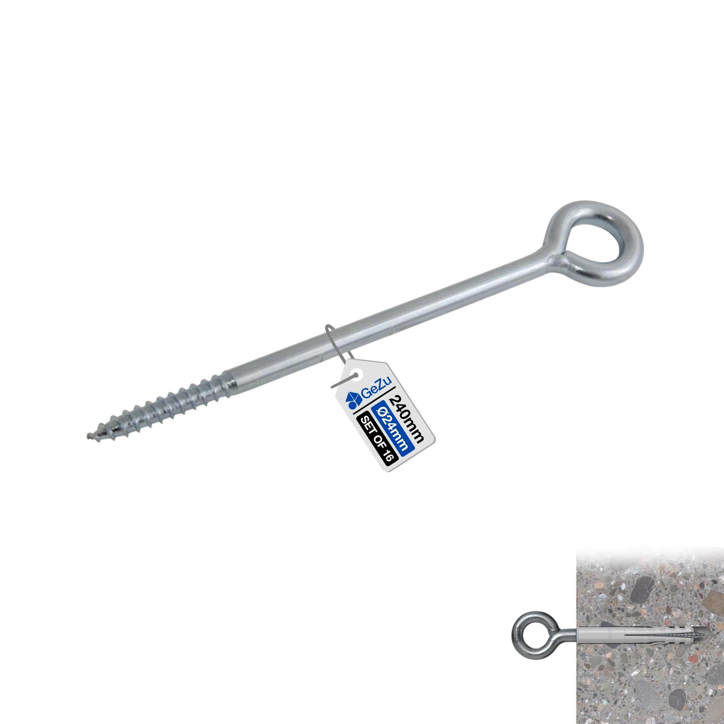 GeZu Impex Eye Bolt 190 mm Galvanised Set of 16 Eye screws hooks heavy duty screw in