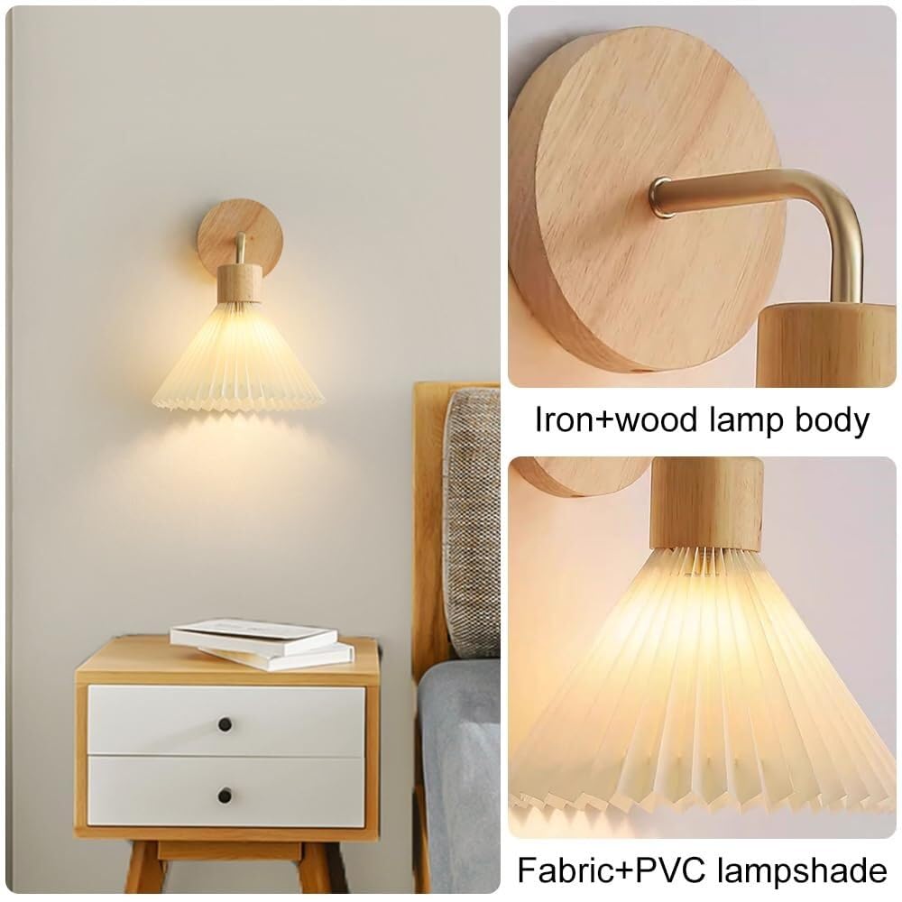 Lámpara de Pared de Tela Plisada Lámpara de Pared de Madera con Pantalla de Tela Aplique de Pared Industrial Retro for Dormitorio, Sala de Estar, Comedor, Pasillo, escaleras, Restaurante