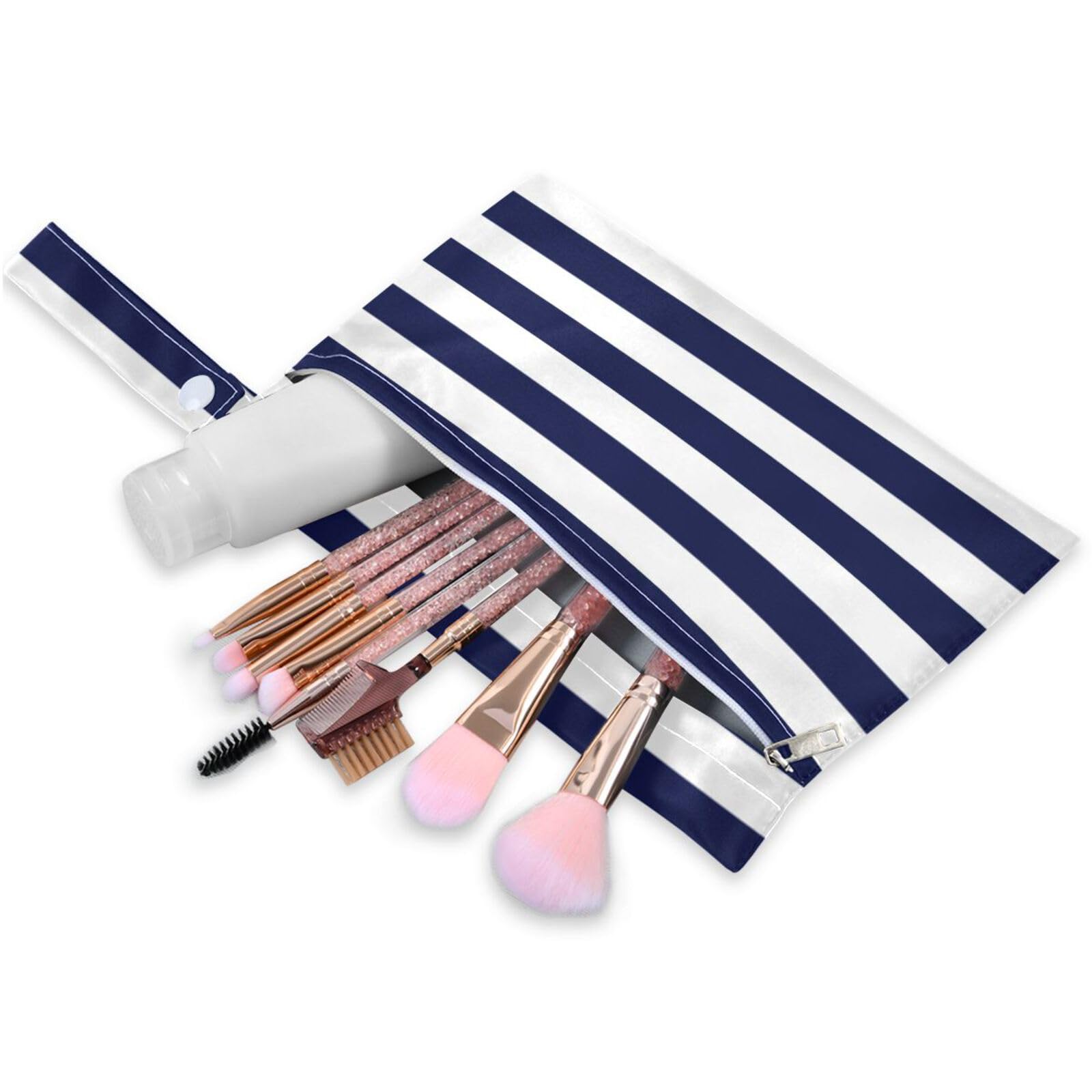 Kigai Navy Blue Stripes Wet Dry Bags 2 Pack, Waterproof Reusable Baby Cloth Diaper Wet Dry Bag with Zipper Pocket for Travel, Beach, Stroller, Gym Dirty Clothes, Wet Swimsuits