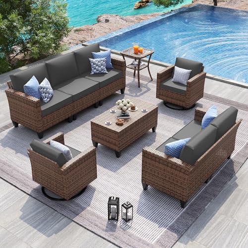 Image of UDPATIO Patio Furniture Set, 6 Pieces Outdoor Conversation Sets with Rocking Swivel Chairs, Wicker Rattan Outdoor Sofa Set with Storage Table and Waterproof Covers for Backyard, Deck, Porch, Grey