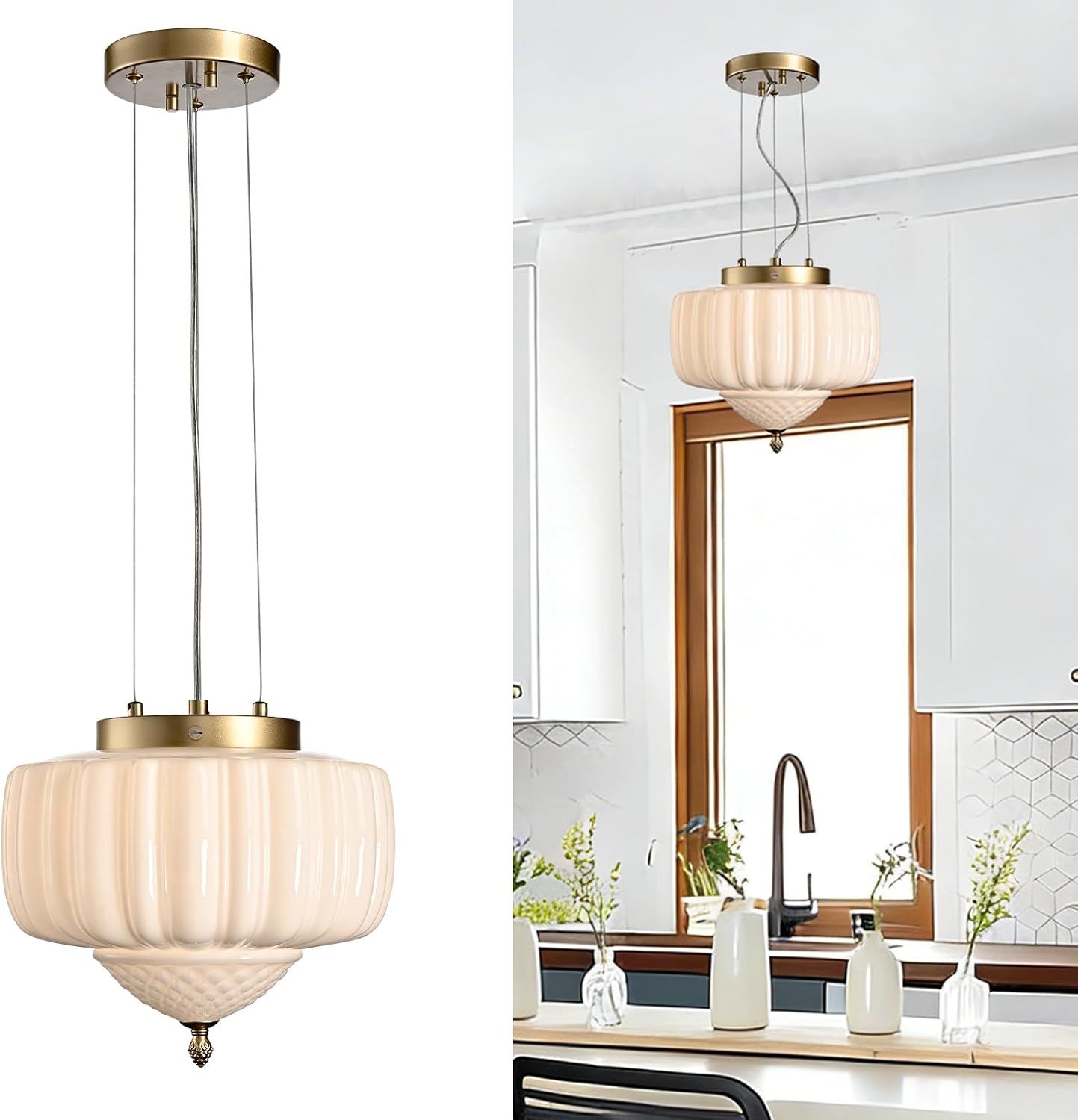 CLAXY Milk Glass Pendant Light Modern Gold Kitchen Hanging Light Fixture Dimmable-Adjustable Hanging Glass Pendant Lighting for Kitchen Dining Table Foyer Bathroom Bedroom
