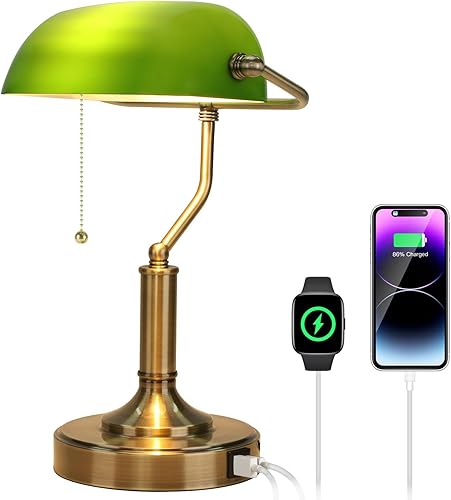 Miniatura 9 de LINNMON Bankers - Lámpara de escritorio verde con interruptor de cadena de tracción, lámpara retro con puertos de carga USB y tipo C, lámpara