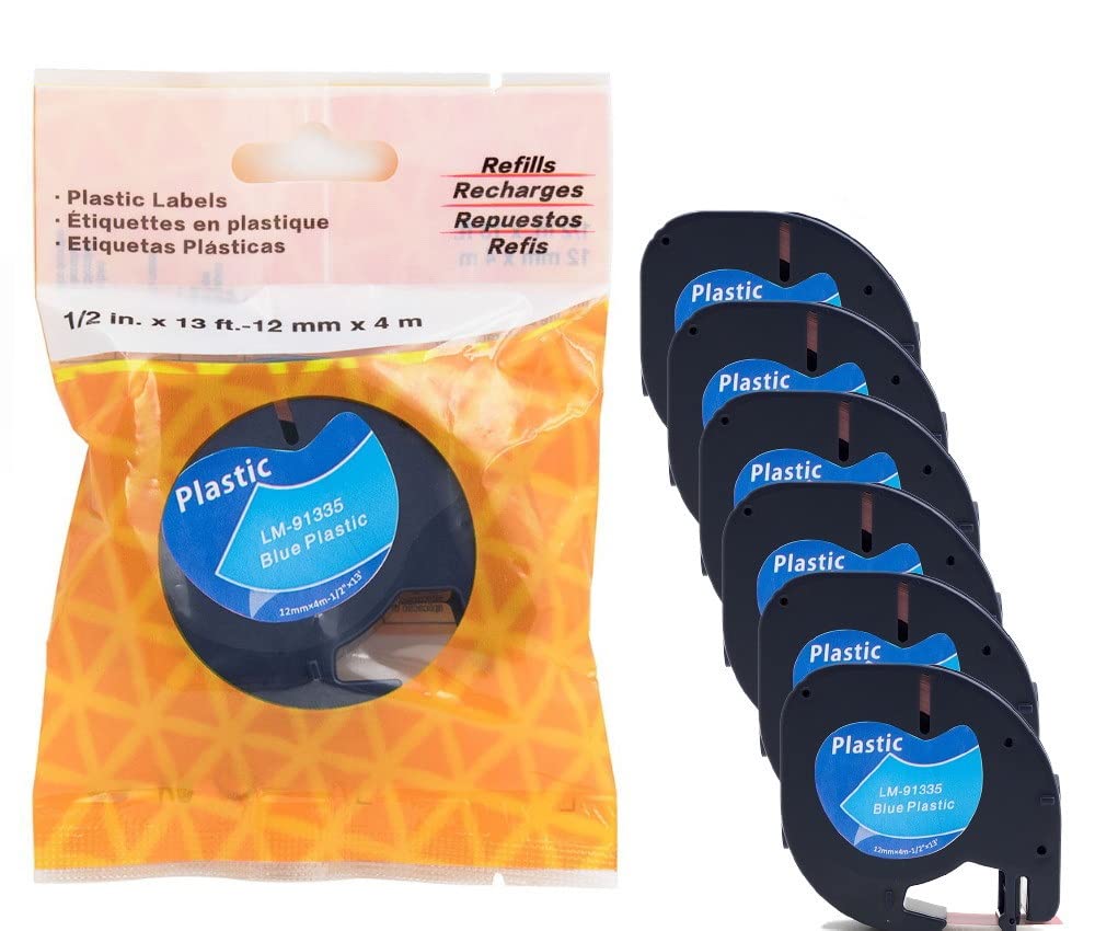 6/Pack LM Tapes - LM91335 Premium Black on Blue Polyester Compatible Tape for LetraTag Printers, Replaces Dymo 91335 Letra TAG