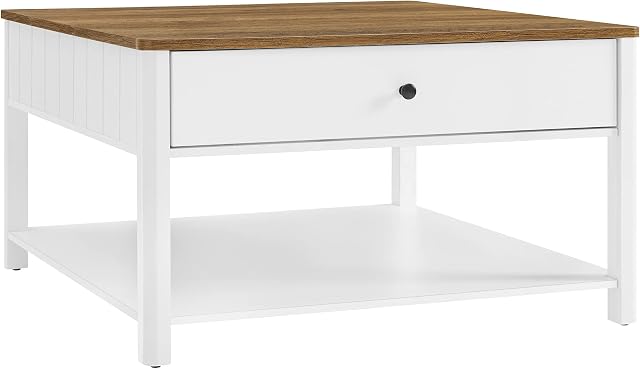 VASAGLE Coffee Table, Living Room Table, with 2 Large Drawers. Legs, Ample Space, Coastal Style, 80 x 80 x 45 cm, for Living Room, Rustic Walnut and White LCT207T14