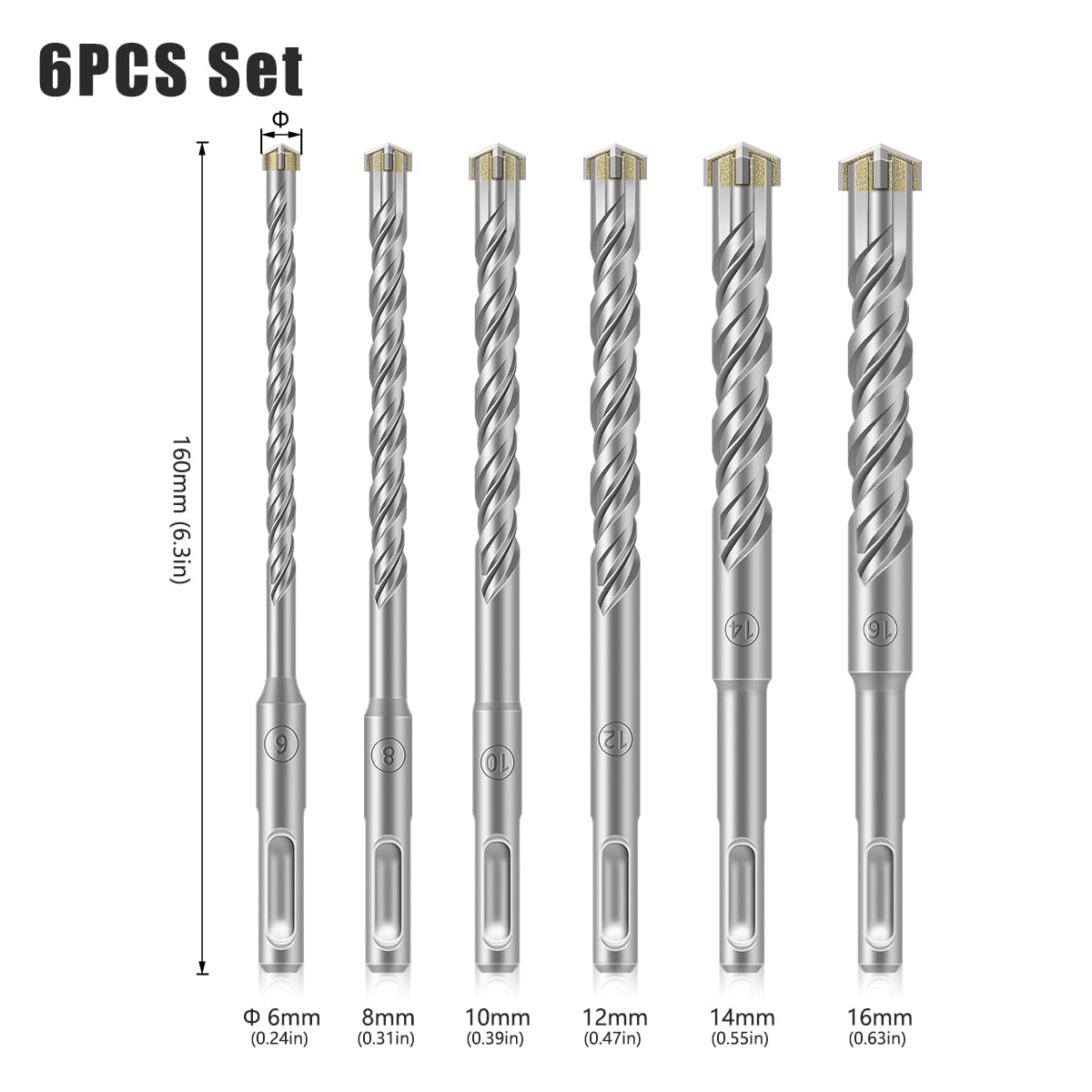 Zestaw wierteł SDS-Plus, Zestaw 6 wierteł do młotów obrotowych z węglika wolframu 6-16 mm x 160 mm do betonu i cegły(6pcs 160mm)