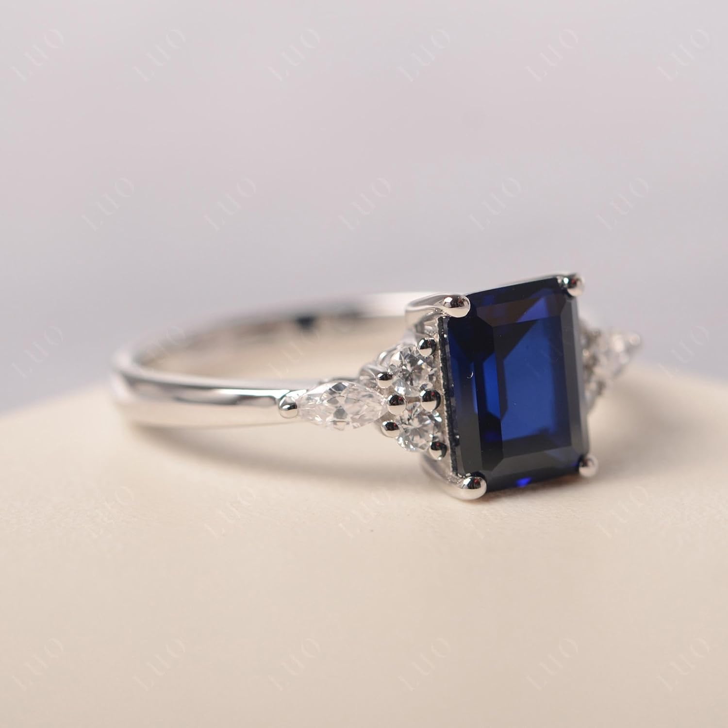 LUO London Blue Topaz Engagement Ring for Women, 6x8mm Emerald Cut Baguette Shaped Blue December Birthstone Ring Size 3 to13, Sterling Silver Wedding Rings for Birthstone Anniversary Christmas