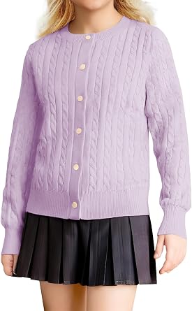 Girls Cardigan Sweater Cotton Long Sleeve Cable Knit School Uniform Button Fall Winter Tops Size 6-14 Years