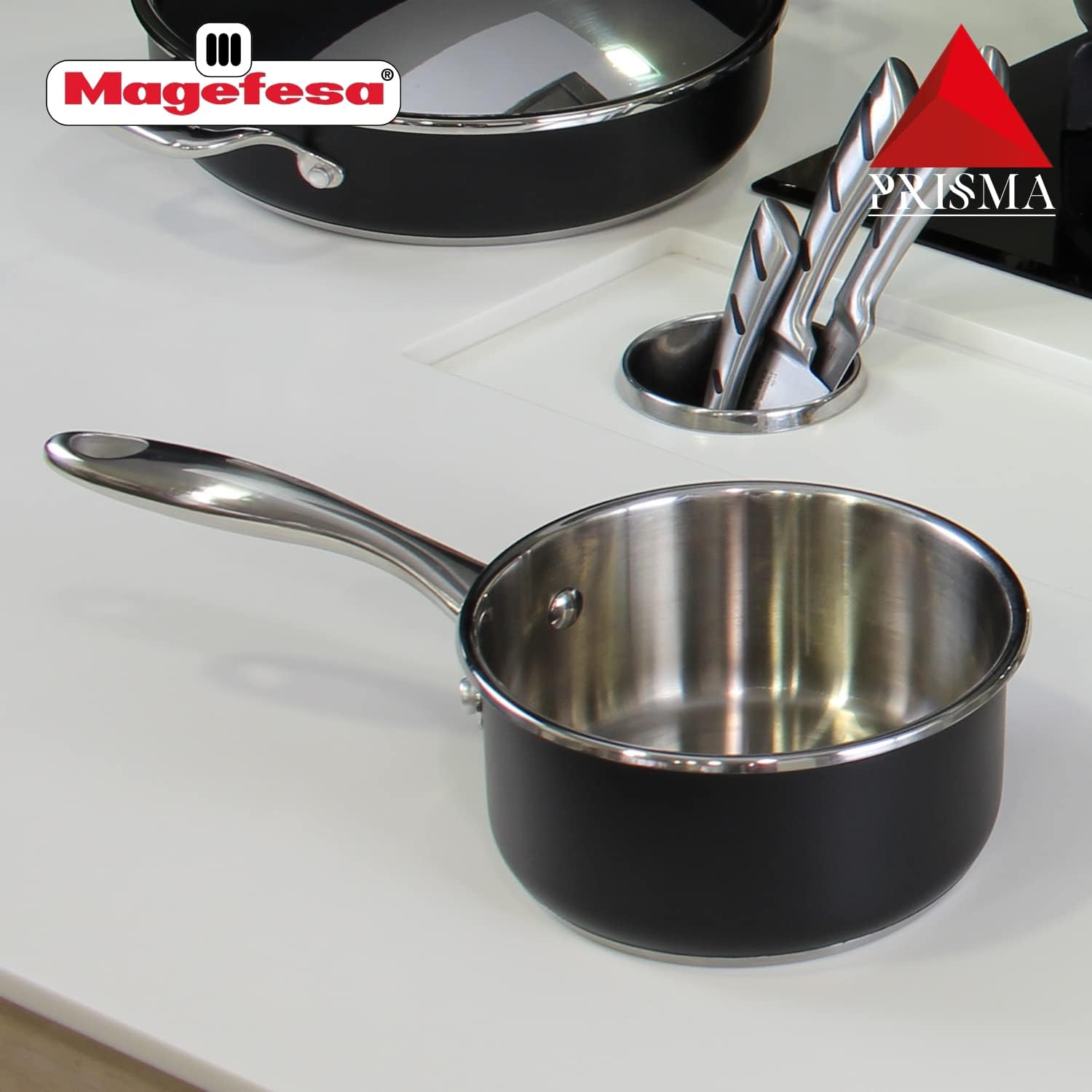 MAGEFESA Prisma 6.3-Inch Stainless Steel Saucepan, Compatible with All Types of Stovetops, Dishwasher Safe & Oven Safe up to 392°F