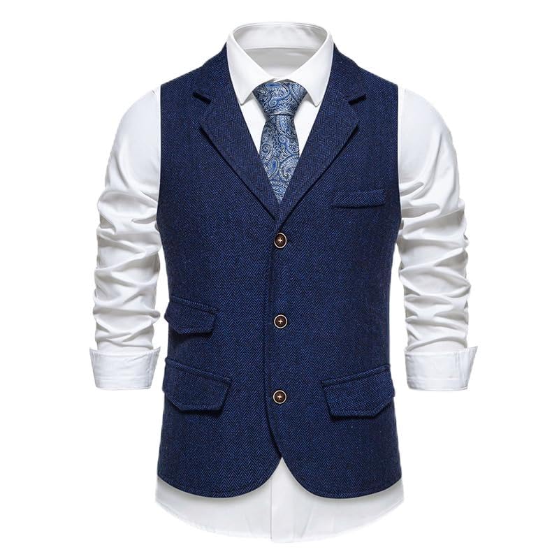 Herringbone Tweed Men's Vest, Dress Shirt and Patterned Tie Set