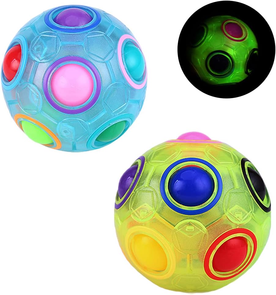 TANCH 2 Pieces Luminous Magic Rainbow Puzzle Ball Glow in Dark Stress Reliever & Brain Teaser Football Fidget Cube Set for Kids Adults Pack of 2(Glow Blue+Green)…