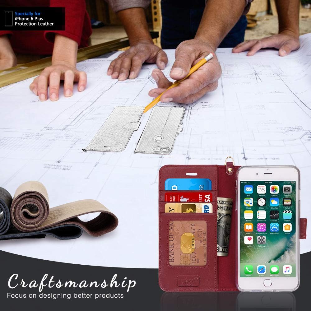 Bеѕt Cуbеr Dеаlѕ 🔥 FYY Luxury Genuine Leather Wallet Case for iPhone 6 Plus/6s Plus, [Kickstand Feature] Flip Phone Case Protective Cover with [Card Holder] [Wrist Strap] for Apple iPhone 6 Plus/6s Plus 5.5 Wine Red