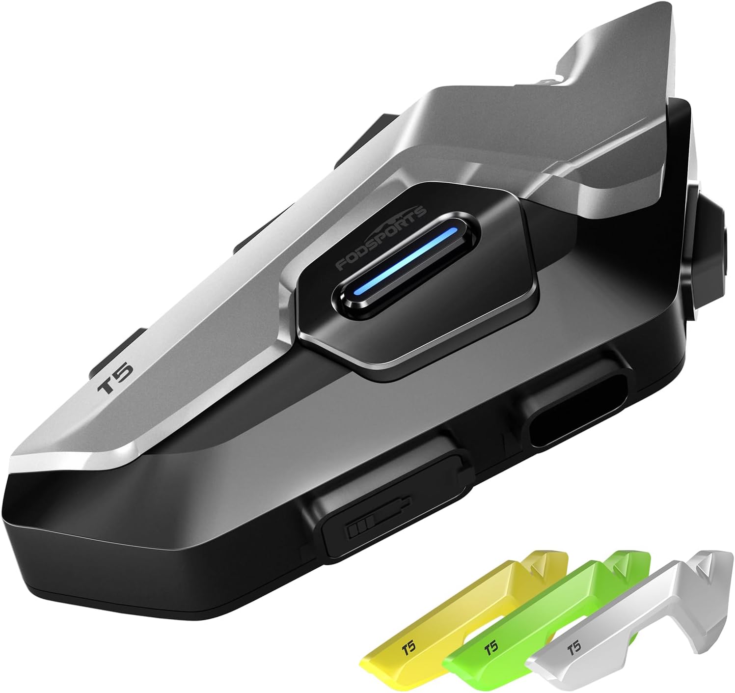 Fodsports T5 Motorcycle Bluetooth Headset with Music Sharing, 2 Riders Helmet Intercom Communication Systems, 9-Language Voice Prompts/Voice Assistant/FM Radio/2 Type Mics/4 Colored Faceplates