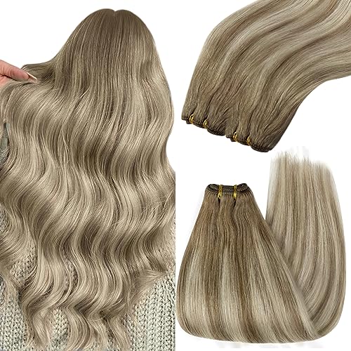 Image of YoungSee Sew in Hair Extensions Real Human Hair Brown Blonde Hair Extensions Weft Light Brown Balayage Platinum Blonde Balayage Weft Hair Extension Human Hair for Full Head 20 Inch 100g