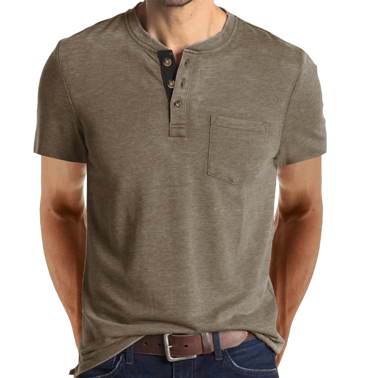 Mens Henley T Shirts 3 Button Cotton Short Sleeve Casual Summer Classic Lightweight Stylish Tee Tops, Small, Khaki