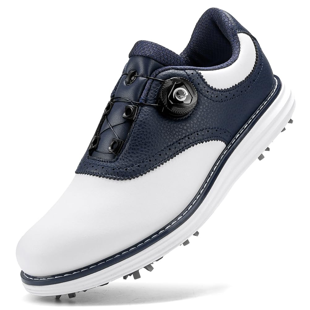 SDEQA Chaussures de Golf en Cuir pour Hommes avec 9 Crampons, Baskets d'extérieur imperméables, Grande Taille