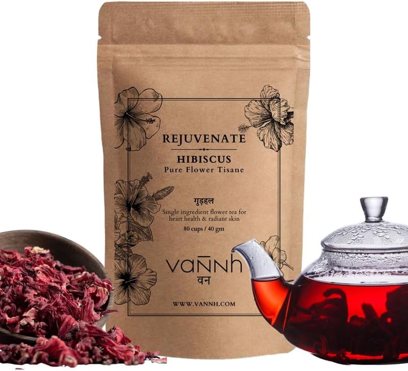 Vannh Pure Hibiscus Flower Tea (40gm 80 Cup) | Natural Herbal Tea for Hair Growth Body Rejuvenation Digestion Immune Support | Sun Dried Organic Antioxidant Detox Tea Bags for Men Women | Pack of 1