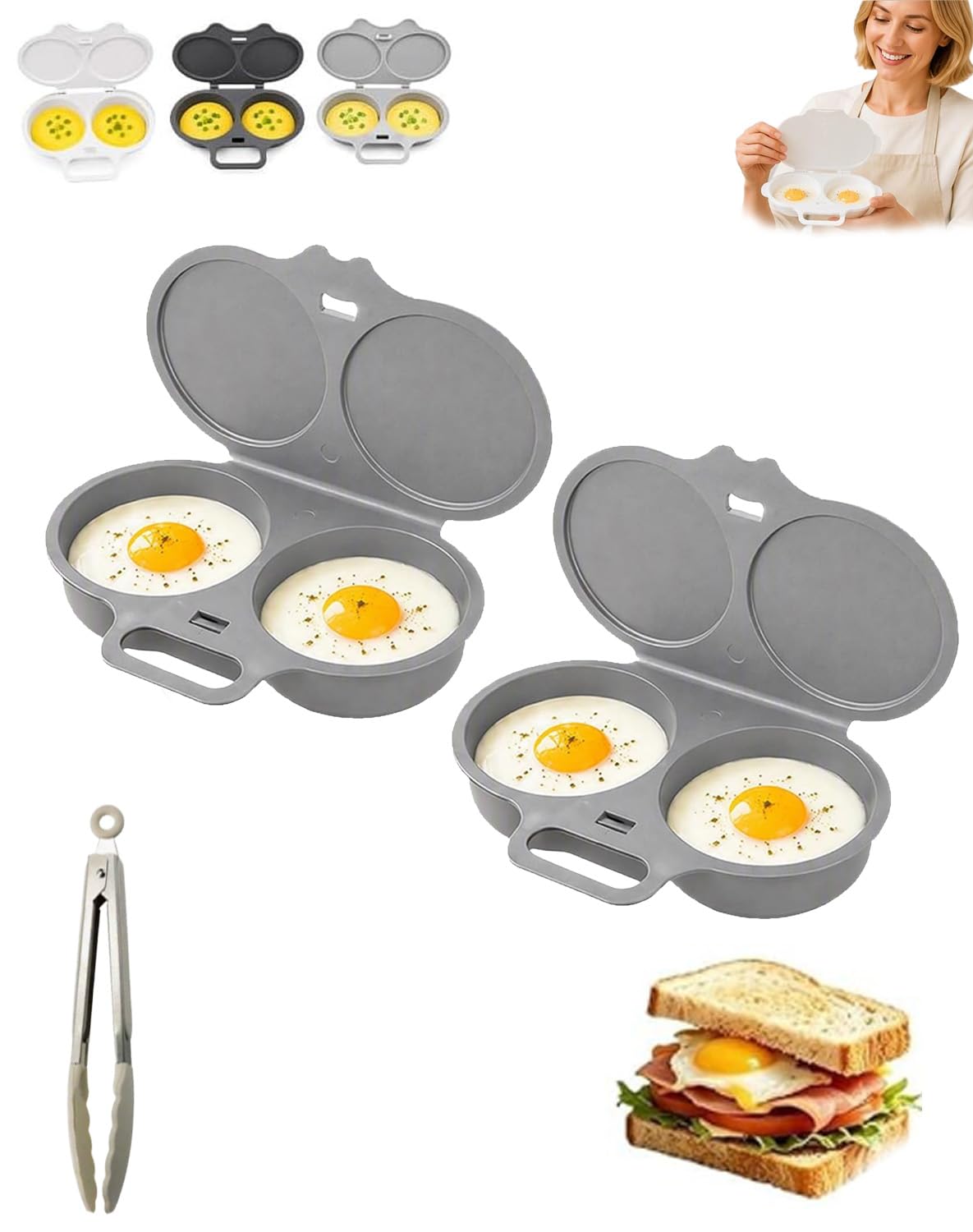 Saltdays Egg Poacher 2 Pack, Microwave Egg Cooker Set，Light gray x2