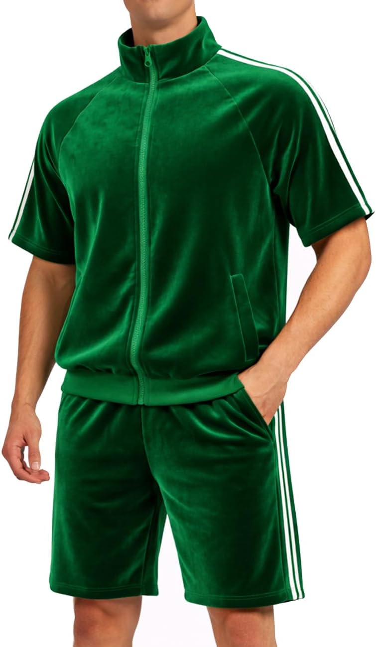 Mens Velour Tracksuit 2 Piece Outfit Short Sleeve Full Zip Jacket and Shorts Set Summer Casual Loungewear