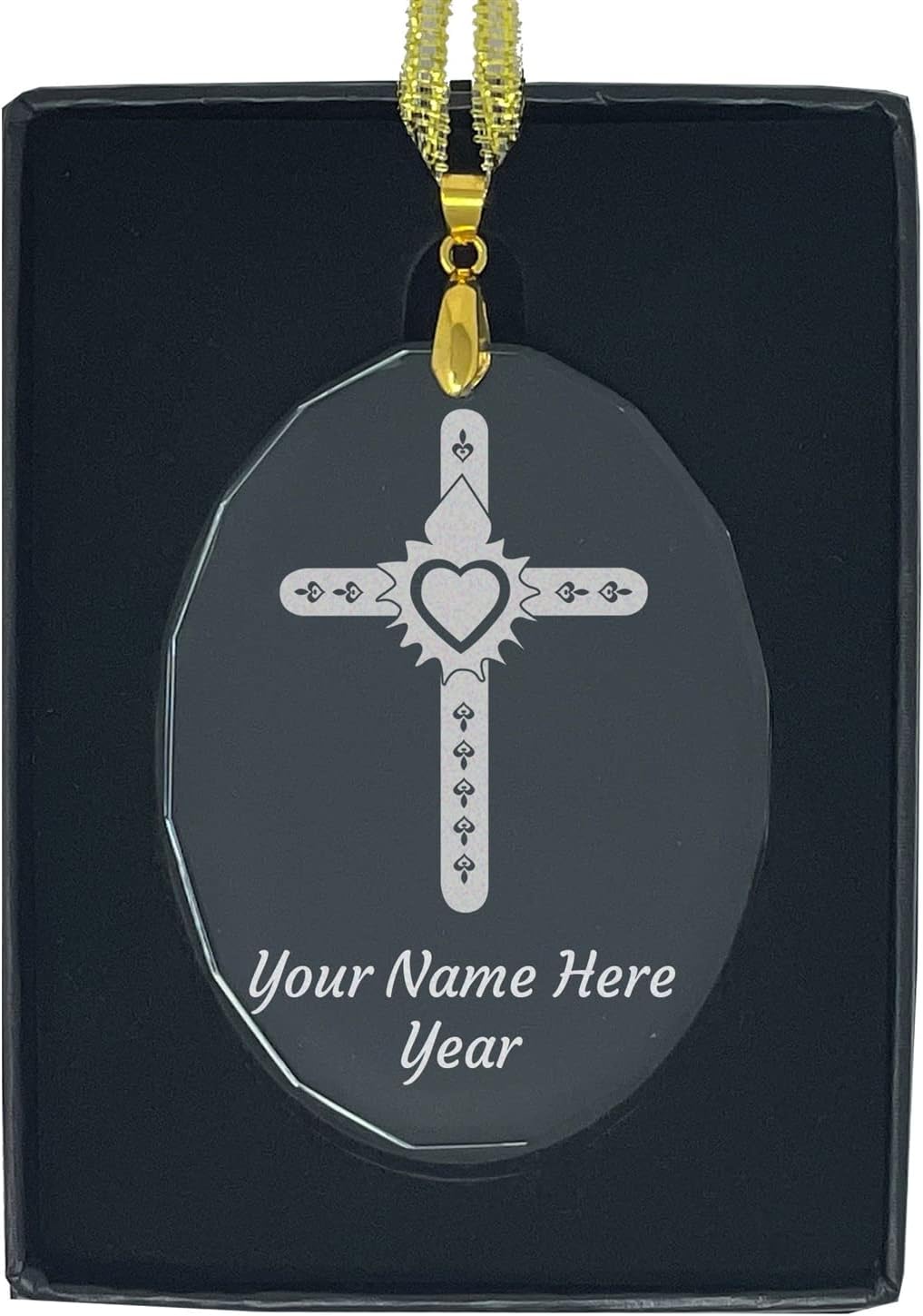 LaserGram Personalized Glass Christmas Ornament, Cross with Heart, Custom Laser Engraved Gift Idea (Oval Shape)