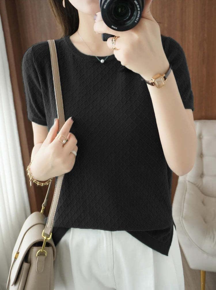 Womens Short Sleeve Sweaters Tops Summer Thin Pullover Cotton Knit Shirt Crew Neck Lightweight Pointelle Blouse - Image 2