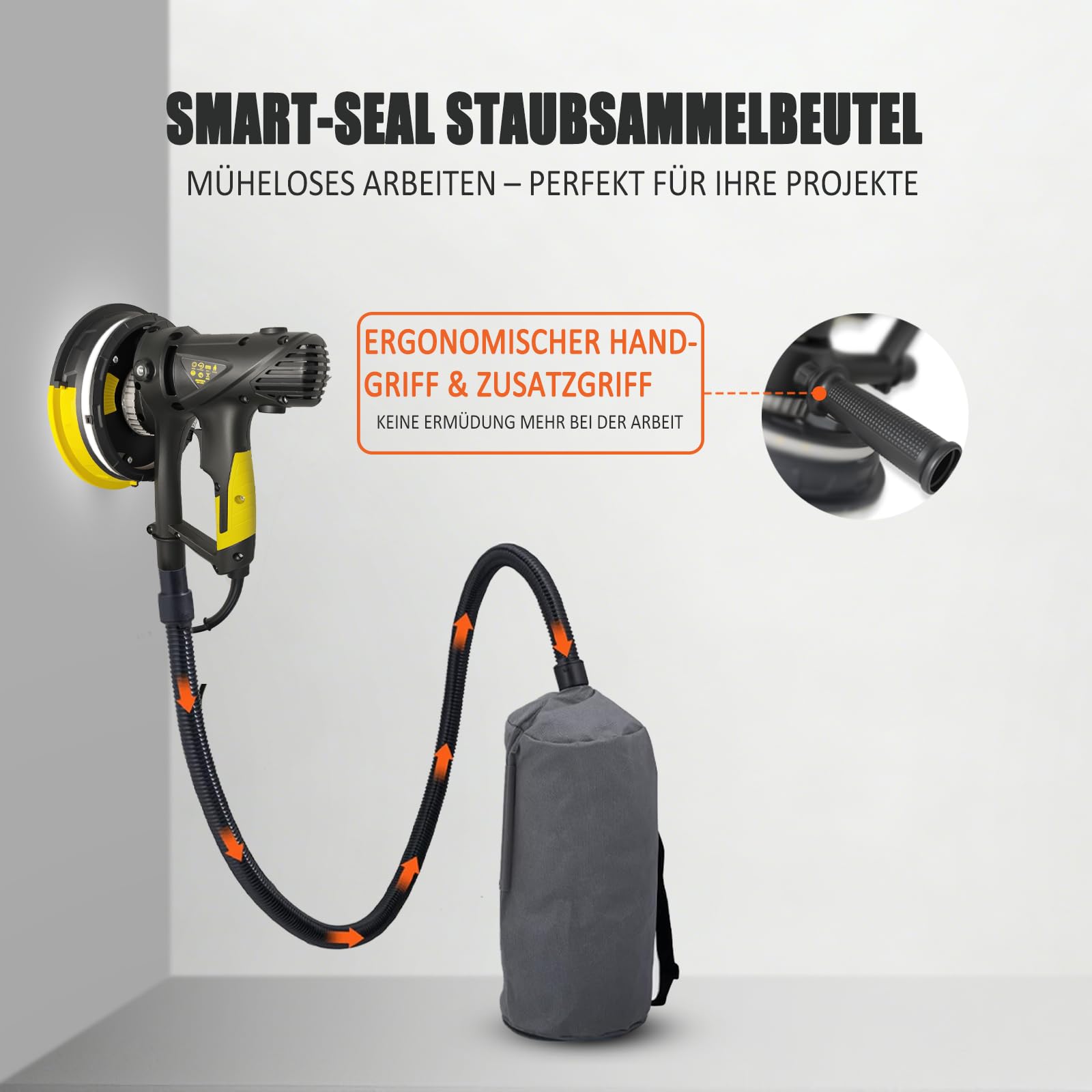 Elektrischer Trockenbauschleifer, Wandschleifer 710W mit Staubabsaugung mit LED-Licht, 360° Schleifteller, 180mm Schleifteller, 1200-2700RPM Variable Geschwindigkeit, 10 Stück Schleifscheibn