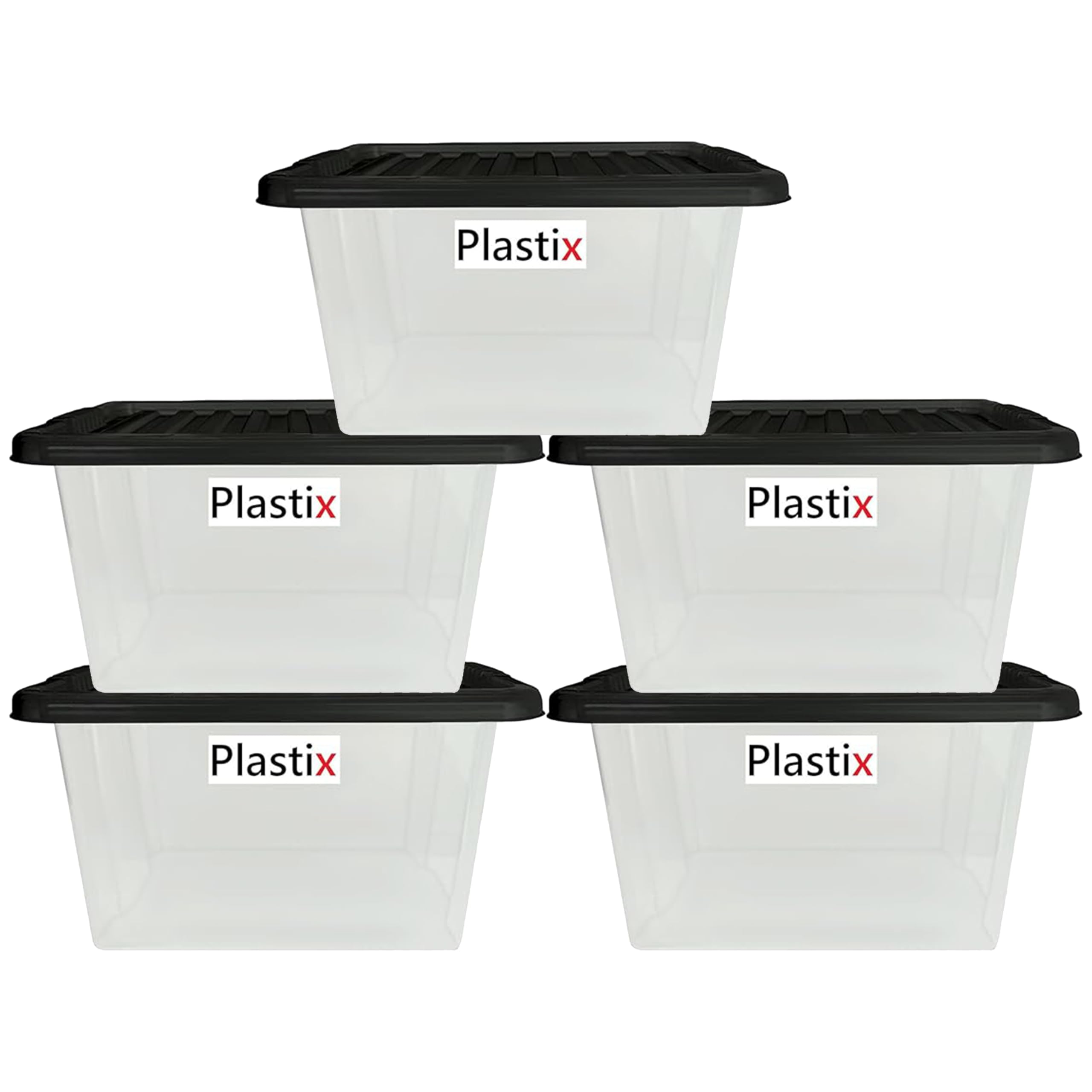 Plastix Clear Plastic Storage Box Boxes With Black Lids Home Office Stackable UK Made (5, 35L)