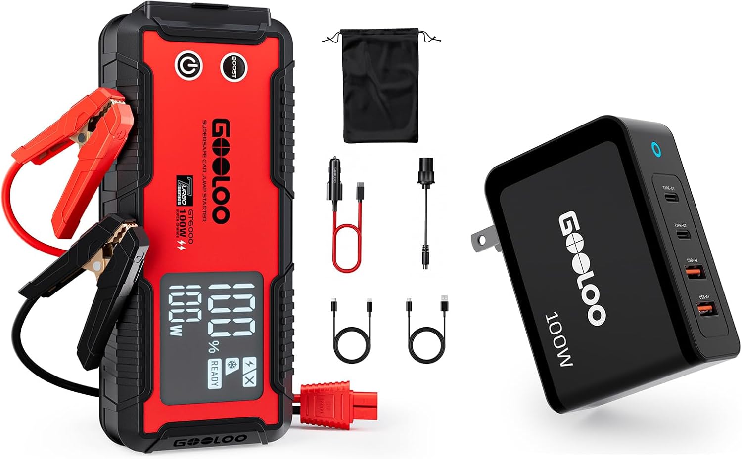 GOOLOO 6000A Jump Starter GT6000 Car Starter with 100W Bi-Directional Fast Charge& Gooloo 100W USB C Charger Block