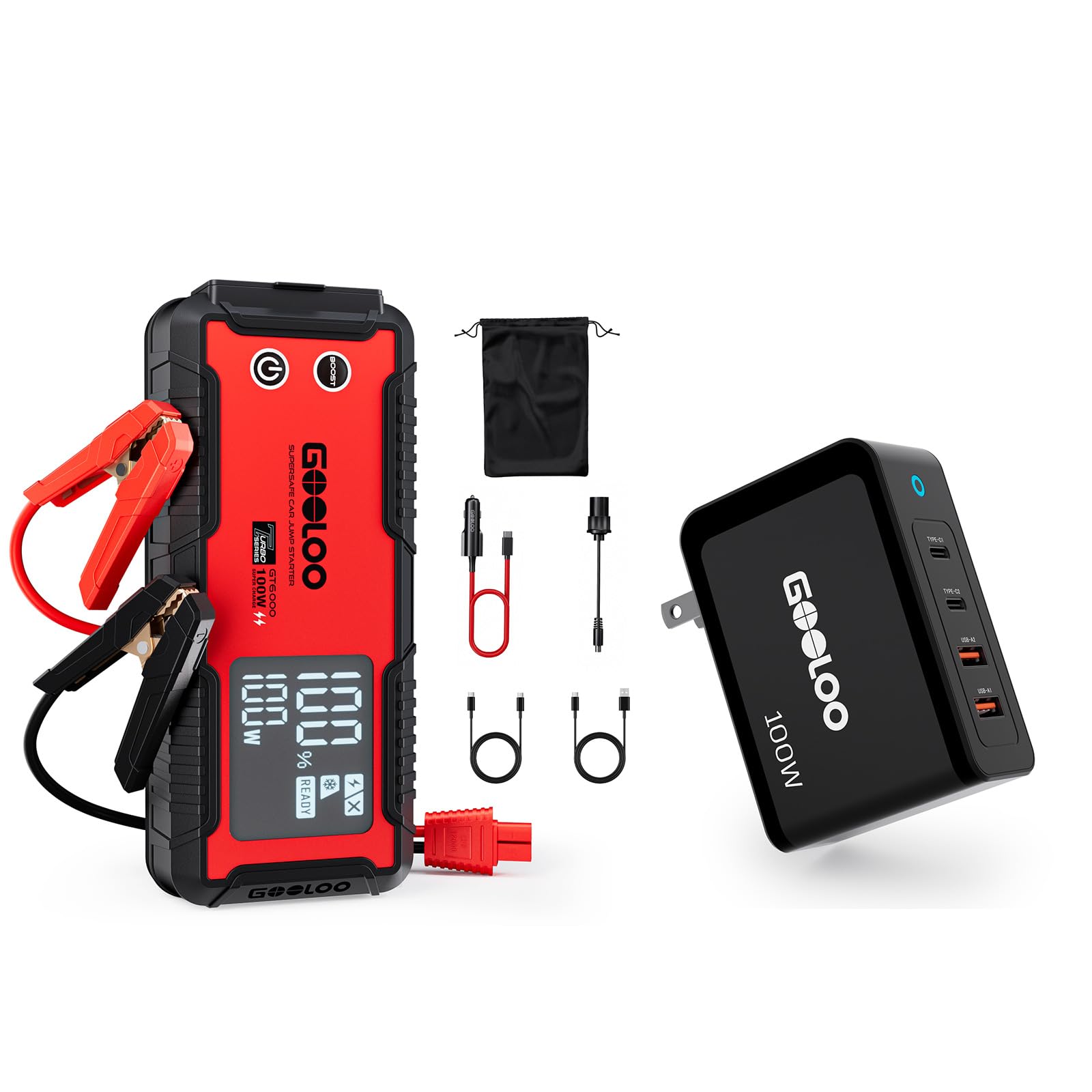 GOOLOO 6000A Jump Starter GT6000 Car Starter with 100W Bi-Directional Fast Charge Gooloo 100W USB C Charger Block