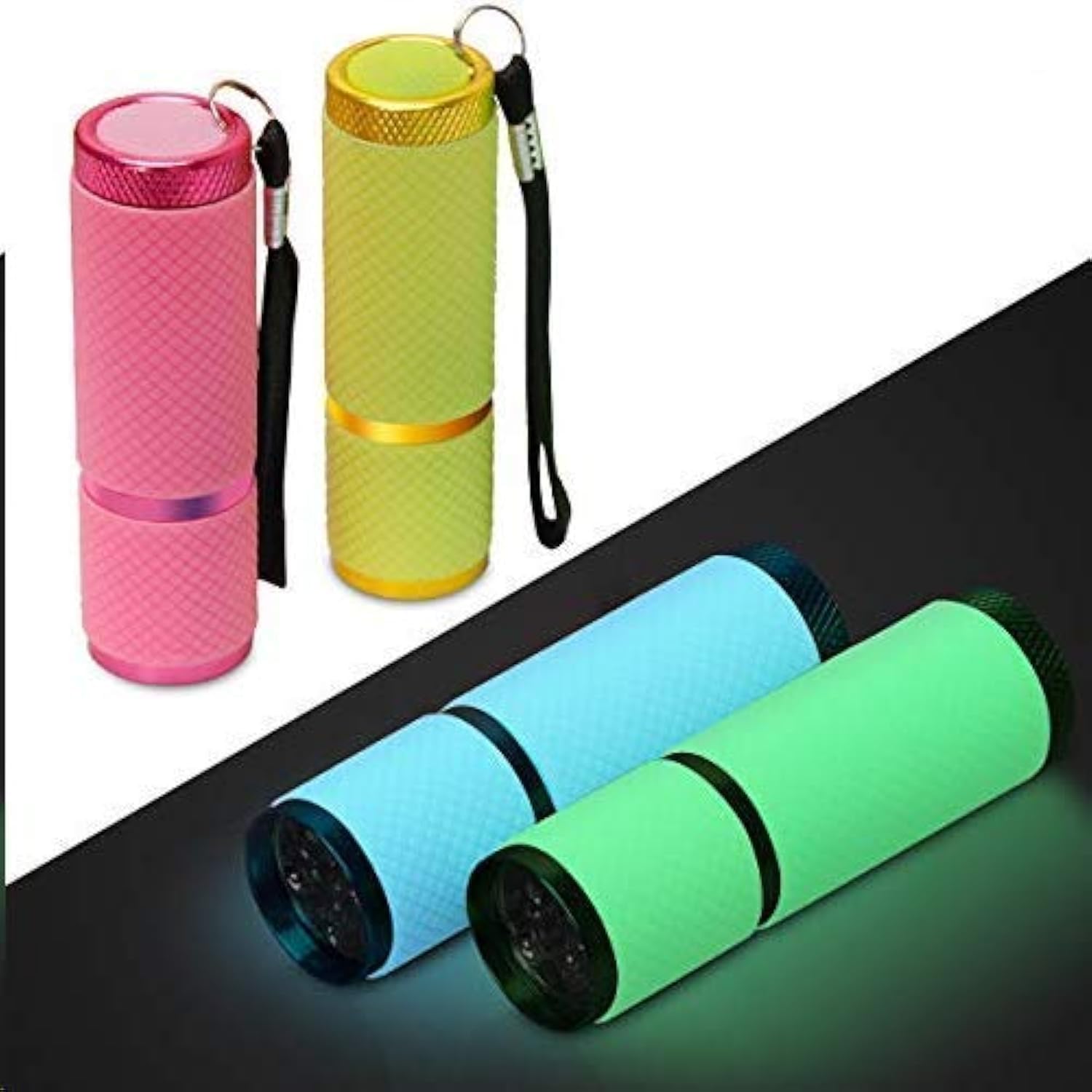 9 LED Glow in Dark Flashlights, 4 Pack Rubber Coated Small Flashlights with Straps, Portable Handy Lights for Camping, Hiking, Indoor, Assorted Colors