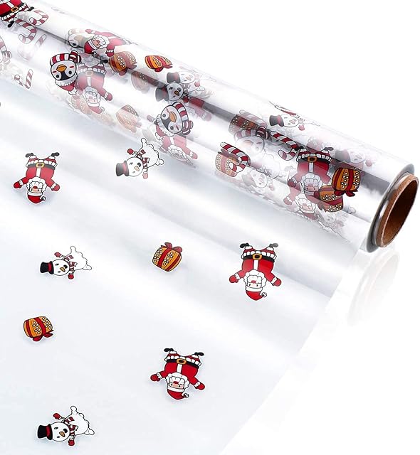 NUOBESTY Christmas Cellophane Wrap Roll, Color Santa Snowman Wrap Paper 2.5 Mil 3000x40cm, for Xmas Gift Wrapping Flowers Basket Packing Party Decorations