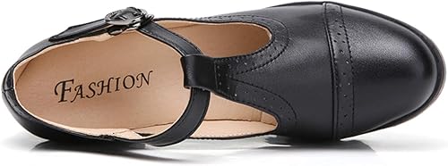 Miniatura 5 de DADAWEN Zapatos clásicos de cuero para mujer, con correa en T, tacón medio grueso, Mary Jane, punta cuadrada, Oxfords