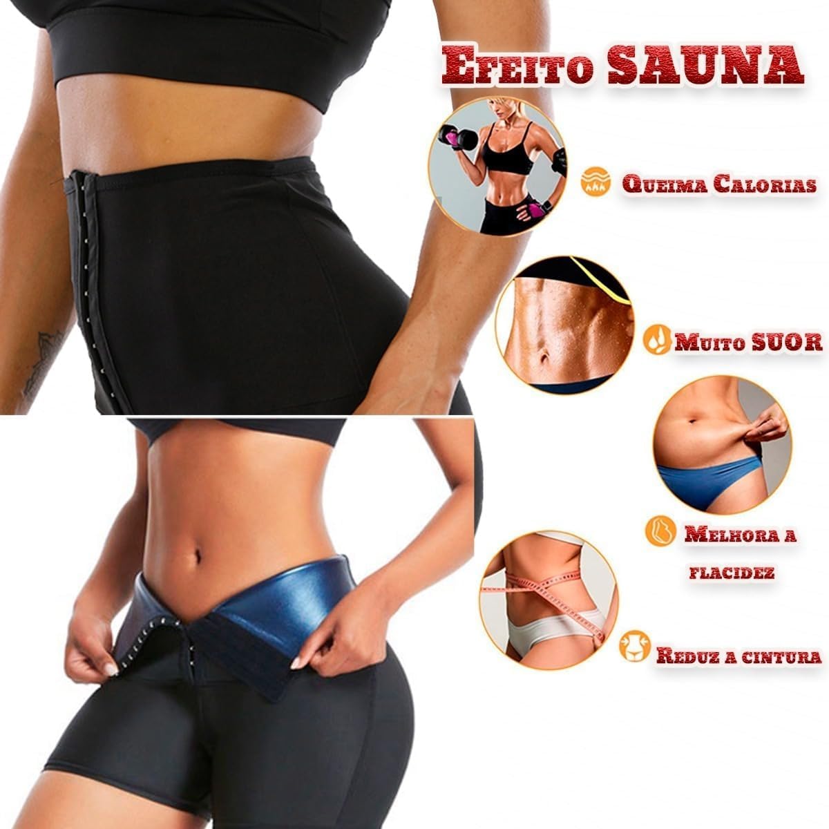 Shorts Feminino Modelador Sauna Neoprene Cintura Alta com Fecho de Gancho Efeito Térmico para Exercícios (G/GG)