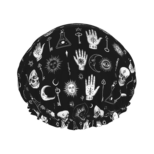 Gorro de ducha gótico, cuervo, cuervo, calavera, luna, estrella, gótico, gorra de baño diseñada para mujeres, impermeable, doble capa