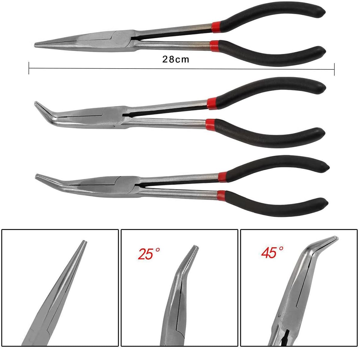 3/5Pcs Long Needle Nose Pliers Set, 11 Inches Carbon Steel Long Reach Pliers Non-slip Straight Pliers 25°/45°/90° Bent Nose Pliers O-Shaped Circle Pliers for Machinist Engineer Narrow Spaces (5 Pcs)