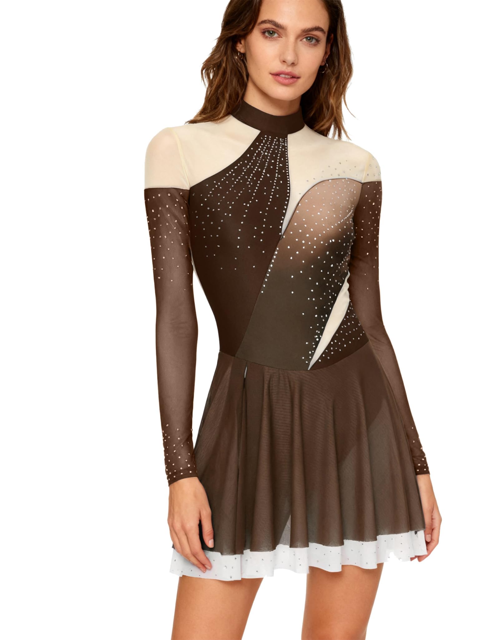 Vestido Patinaje Artístico Mujer Vestido Ballet con Brillos Patinaje Largo Manga con Ruedas Baile Traje Baile Competición