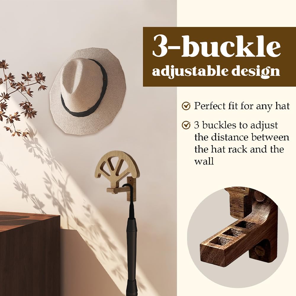 MiOYOOW Ganci per Cappelli in Legno, Supporto per Cappello da Parete con 3 Fibbie Regolabili, Rustico Organizzatore Berretti da Baseball con Visiera, per Piccoli Accessori, Borse, Cuffie