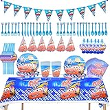 🚗【Cubertería Niño】: La cubertería para fiesta Lightning McQueen incluye: 10 cuchillos, 10 tenedores, 10 cucharas, 10 vasos de papel, 10 pajitas, 10 platos McQueen de 7", 20 servilletas, 1 mantel, 1 cartel para el coche, 6 Blow Dragon, 6 x tapas de papel.