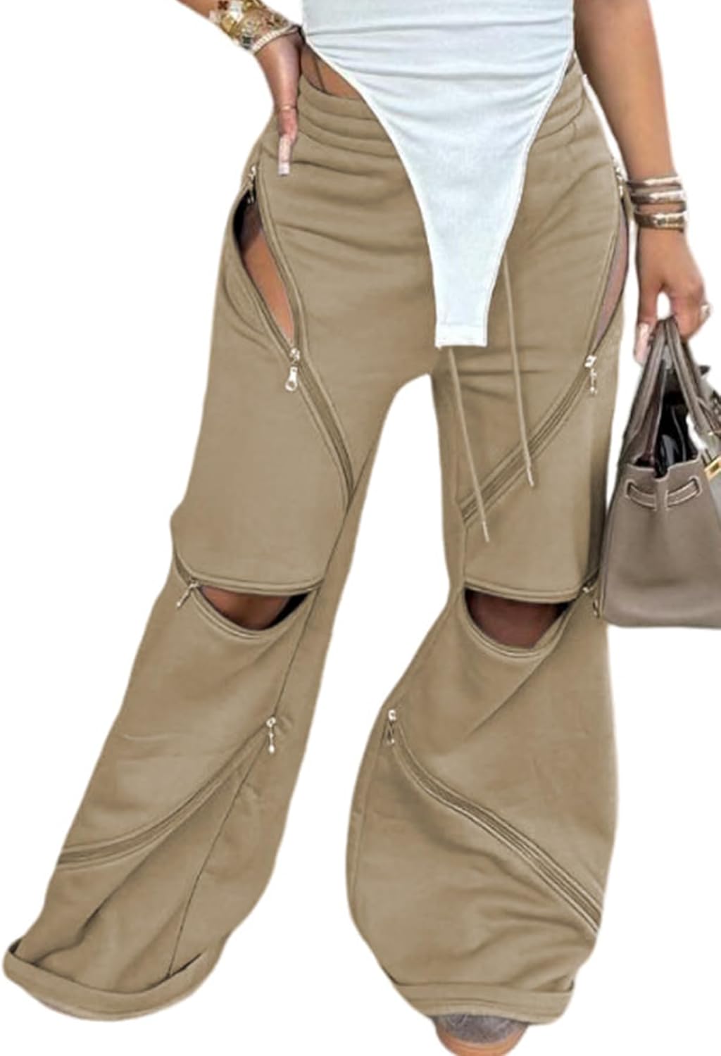 LETSVDO Women's Wide Leg Baggy Sweatpants High Waisted Patchwork Flare Pants Y2k Cut Out Multi Zipper Cargo Sweatpant