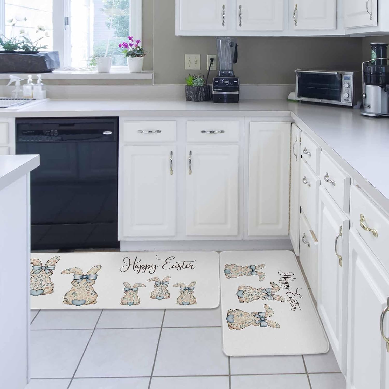 Happy Easter Rabbits Kitchen Rugs and Mats Set of 2, Non-Slip Kitchen Sink Mat, Spring Bunny Flowers Love Watercolor Washable Doormat Bathroom Rugs Runner for Bedroom 15.7"x23.6"+15.7"x47.2"
