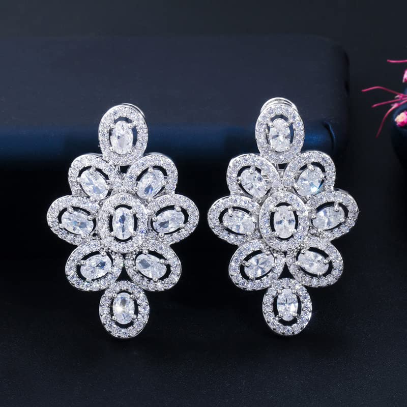 Boucle d'oreille suspendue grande fleur ovale en zirconium bleu