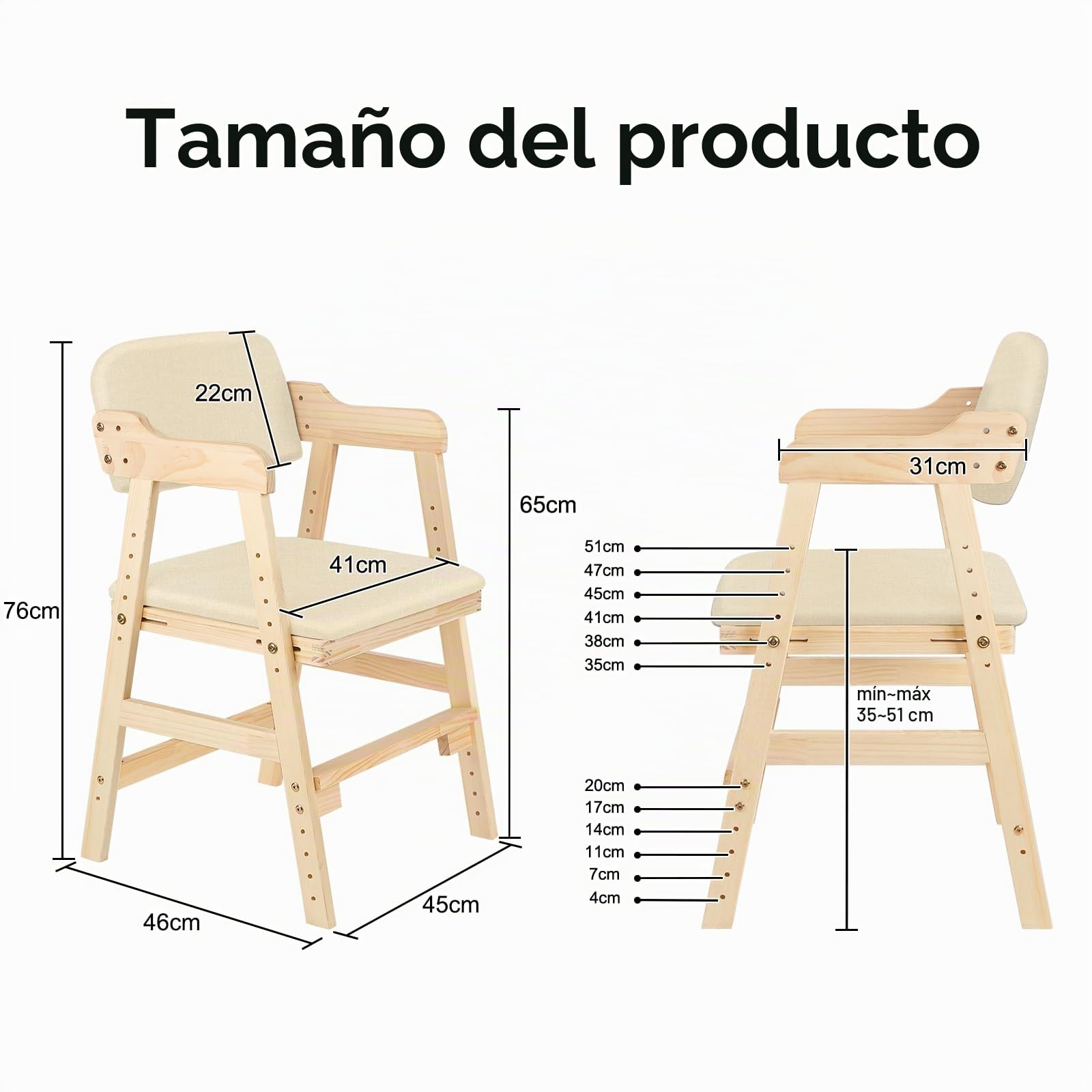 Silla alta escalable de madera maciza + bandeja de comedor desmontable – – 6 meses hasta 70 kg Altura ajustable – Con cojín de asiento, niños y adultos ，48 x 46 x 78 cm - Beige