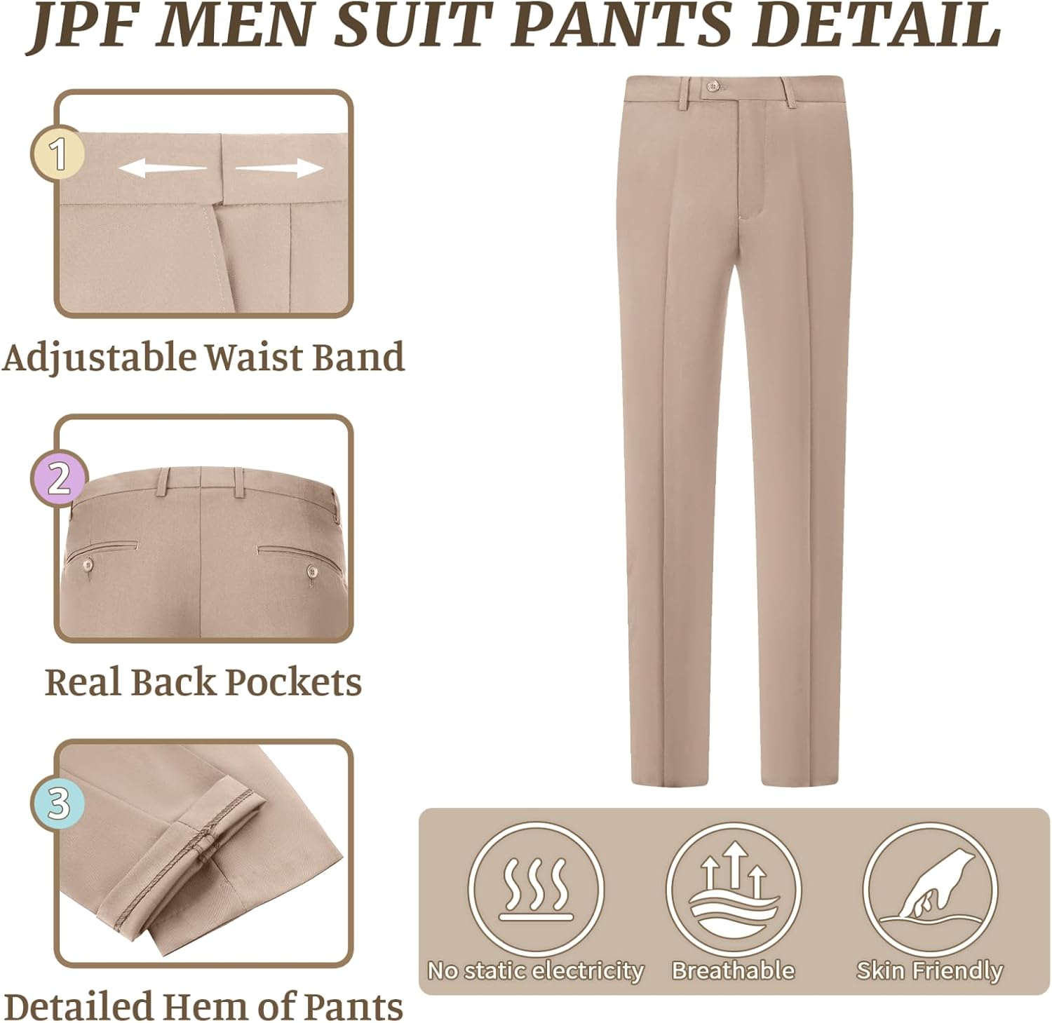 JPF Men's 2 Piece Slim Fit Suit Set, Two Button Solid Jacket Pants with Tie Suits for Men - Image 5