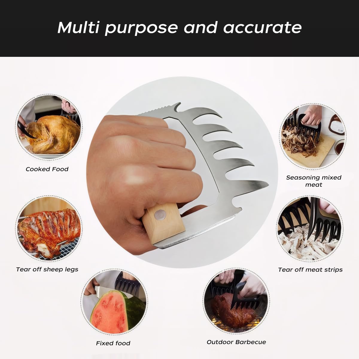 2 artigli per carne 5 in 1 pulled Pork artiglio per succoso manico in legno di Pork Wooden Stainless Steel Meat Claws, Pulled Pork for Cook Barbecue Lovers,for an Garden Barbecue Party